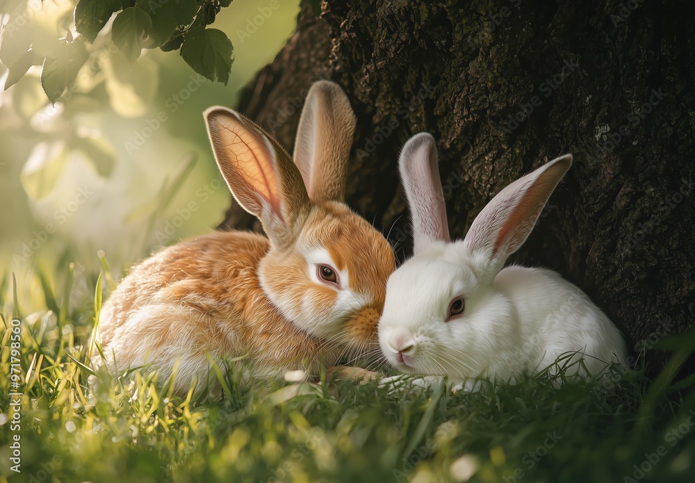 Fototapeta premium Two adorable rabbits cuddling under a tree in a sunny garden during warm spring afternoon