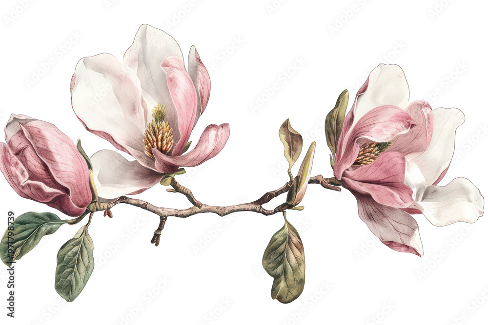Fototapeta premium Watercolor Magnolia Flowers with Green Leaves on Transparent Background PNG