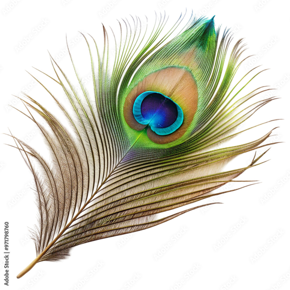 Fototapeta premium Single peacock feather closeup Isolated on transparent background.