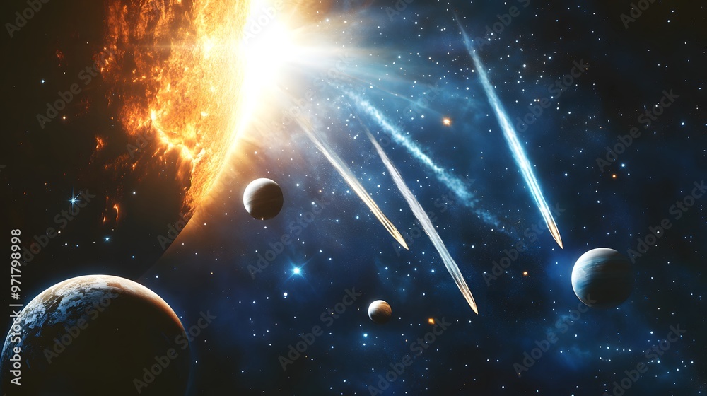 Obraz premium Solar System with Comets: The solar system with comets streaking through the scene, passing by planets and the sun. 