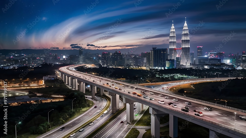 Obraz premium Ampang Kuala Lumpur Elevated Highway AKLEH with City Skyline in Malaysia at Twilight Blurred Defocused Bokeh Background