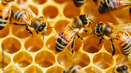 Close up view of a bumble bee honey comb with honey bees