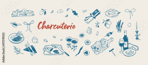 Cheese and vine minimalist horizontal rectangle background. La dolce vita style. Charcuterie, antipasto board. Parmesan, gorgonzola, salami, jamon platter. Summer picnic
