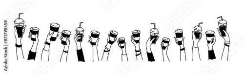 Raising hands up with coffee. Cute line doodle. Different types and size hot drinks. Group of people, men and women in the morning at breakfast. Friendship and team building
