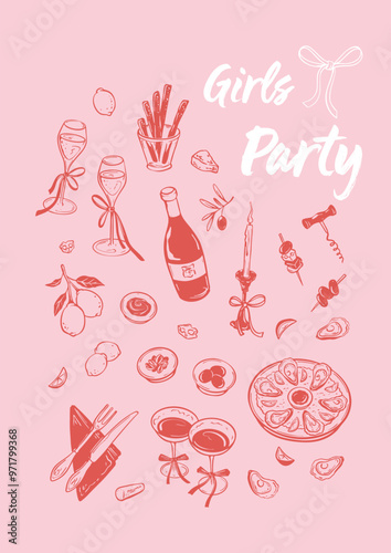 Girly party vertical a4 pink invitation. Vintage victorian cute coquette style poster. Wine with oysters. Wine bottle. Cocktail and champagne glasses with bow ribbon. Birthday and wedding design