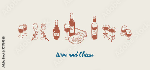 Wine bottles and glasses with brie cheese plate hand drawn linecut set. Doodle sketchy minimalist scribble vector illustration. Victorian vintage style. Champaign and cocktail alcohol drink