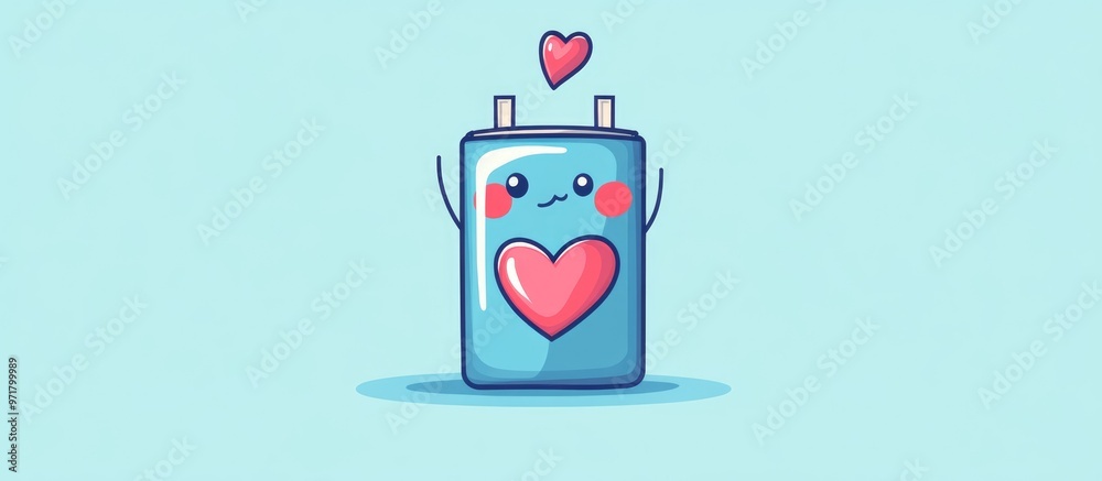 Cute cartoon battery character playfully concealing a heart in a flat illustration style Cute cartoon battery character playfully concealing a heart in a flat illustration style
