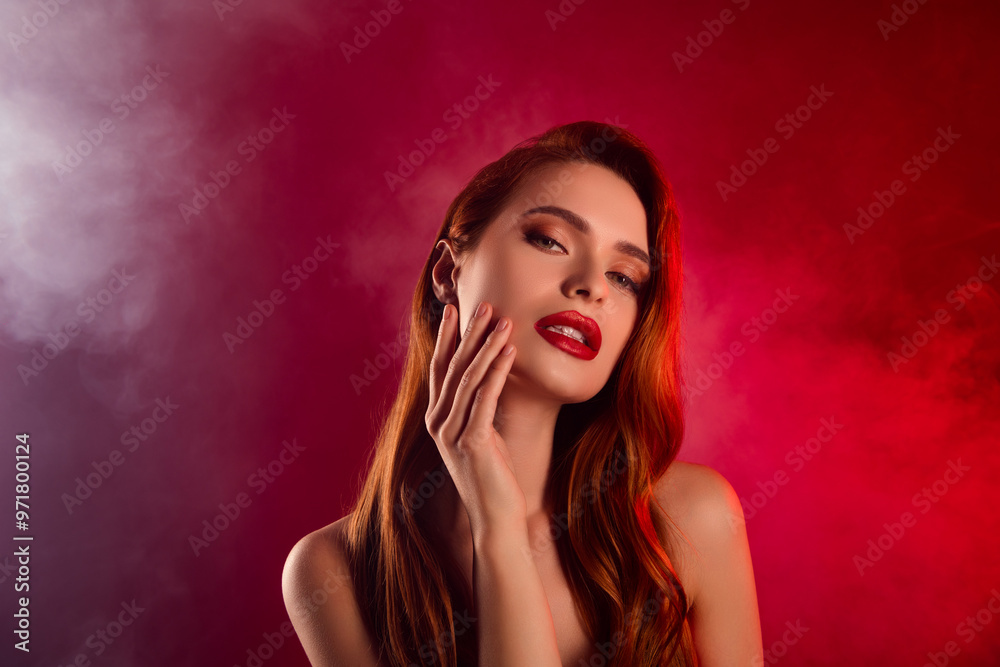 Photo of lovely attractive lady touch face soft cheek shoulders off isolated on red color background Photo of lovely attractive lady touch face soft cheek shoulders off isolated on red color background