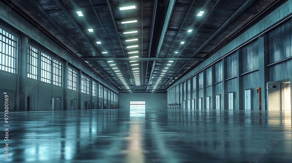 Large Empty Warehouse with Bright Fluorescent Lighting Large Empty Warehouse with Bright Fluorescent Lighting
