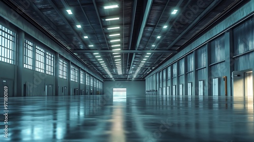 Large Empty Warehouse with Bright Fluorescent Lighting