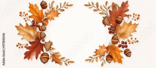 Elegant round frame or border crafted from vibrant fallen oak leaves acorns and berries featuring an Autumn Colors inscription A decorative illustration in a contemporary flat style photo