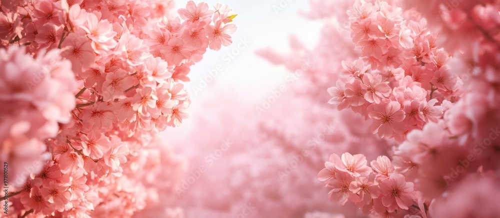 Fototapeta premium Background illustration of fully bloomed cherry blossoms with a frame created through 3D rendering techniques