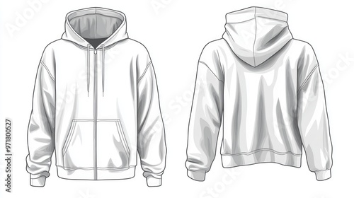 Technical fashion illustration of a zip up hoody sweatshirt featuring long sleeves oversized fit banded hem and drawstring Flat apparel template in white suitable for women men or unisex CAD mockup
