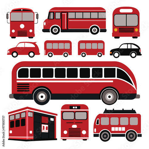 This graphic features an assortment of bus icons showcasing various designs and types ideal for transportation related projects or applications