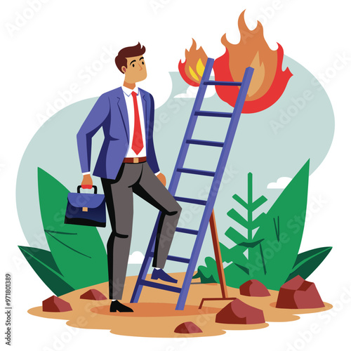 A businessman in formal attire stands thoughtfully next to a burned ladder in a lush green setting contemplating the obstacles ahead in his journey