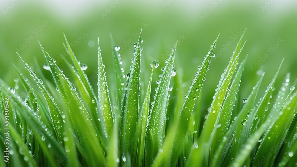 A highly detailed, macro close-up of a vibrant, emerald green grass field, isolated against a pure, snow-white background, with delicate, rounded dew drops scattered across the blade tips, gently.