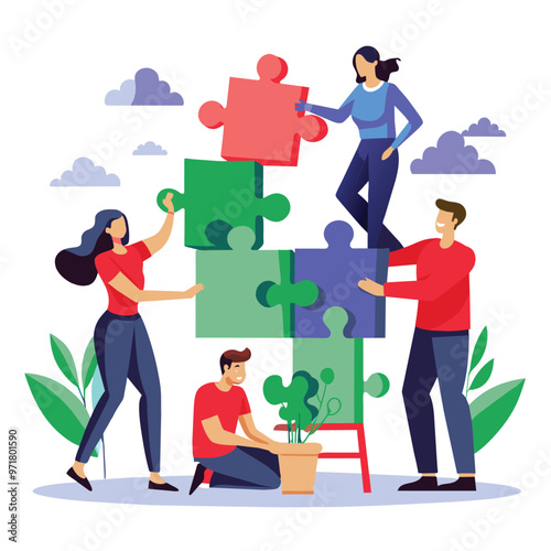 A diverse business team works together outdoors to piece together a colorful jigsaw puzzle while discussing strategies and ideas