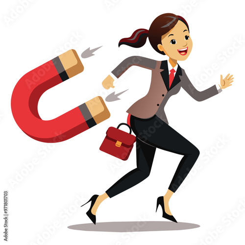 A determined businesswoman runs away from a giant magnet energetically clutching her briefcase as she tries to escape its strong attraction