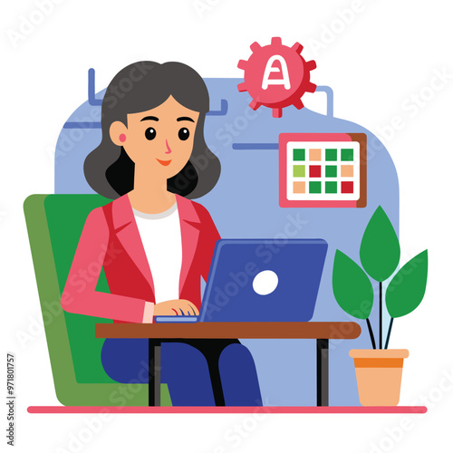 A business woman sits at a desk concentrating on her laptop in a well organized office surrounded by plants and colorful calendars