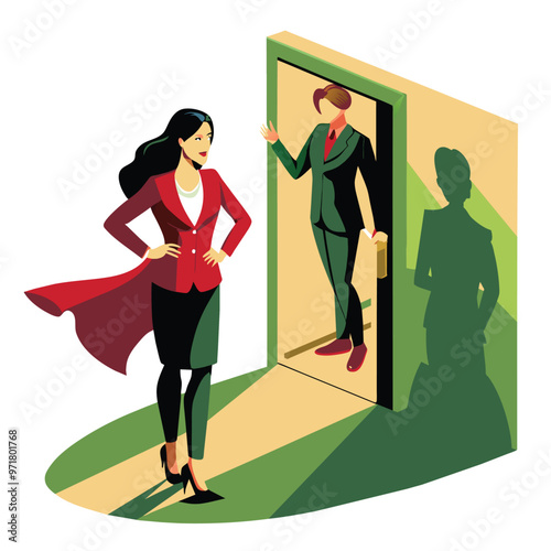 A businesswoman stands confidently in front of an open door representing opportunities and ambitions in a professional setting during daylight