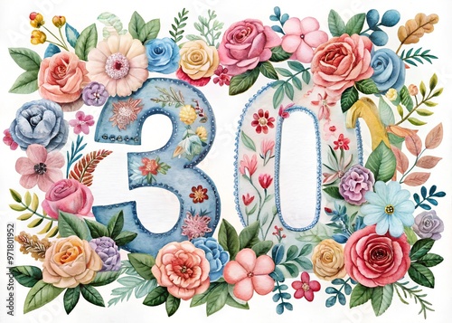 Flower color composition for the thirtieth anniversary, 30th anniversary, happy birthday, embroidery on fabric, unusual card, congratulations