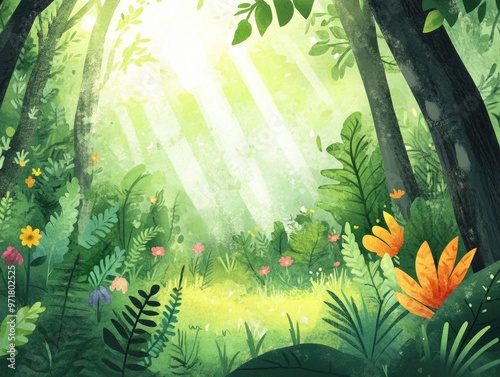 Fototapeta Naklejka Na Ścianę i Meble -  Whimsical forest scene in spring featuring sunbeams and vibrant greenery This 2D hand drawn illustration captures a playful jungle setting perfect for children s stories