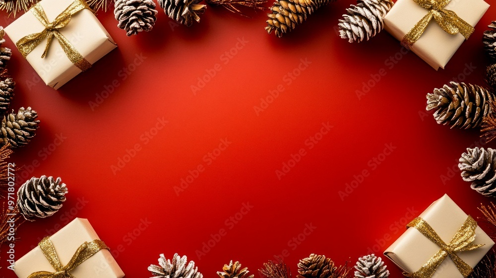 festive christmas decorations with gifts and pine cones on a dark red background festive christmas decorations with gifts and pine cones on a dark red background