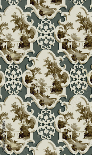 Pattern of green floral emblems against a cream background with an overlaid brown trellis pattern. photo