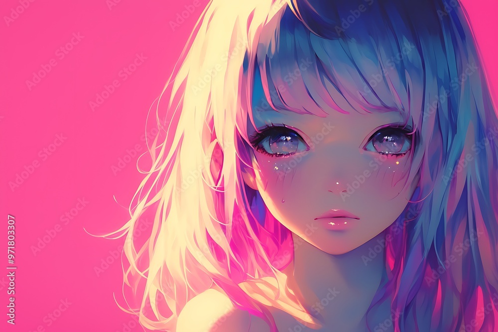 Obraz premium Anime girl with pink background and long blonde hair