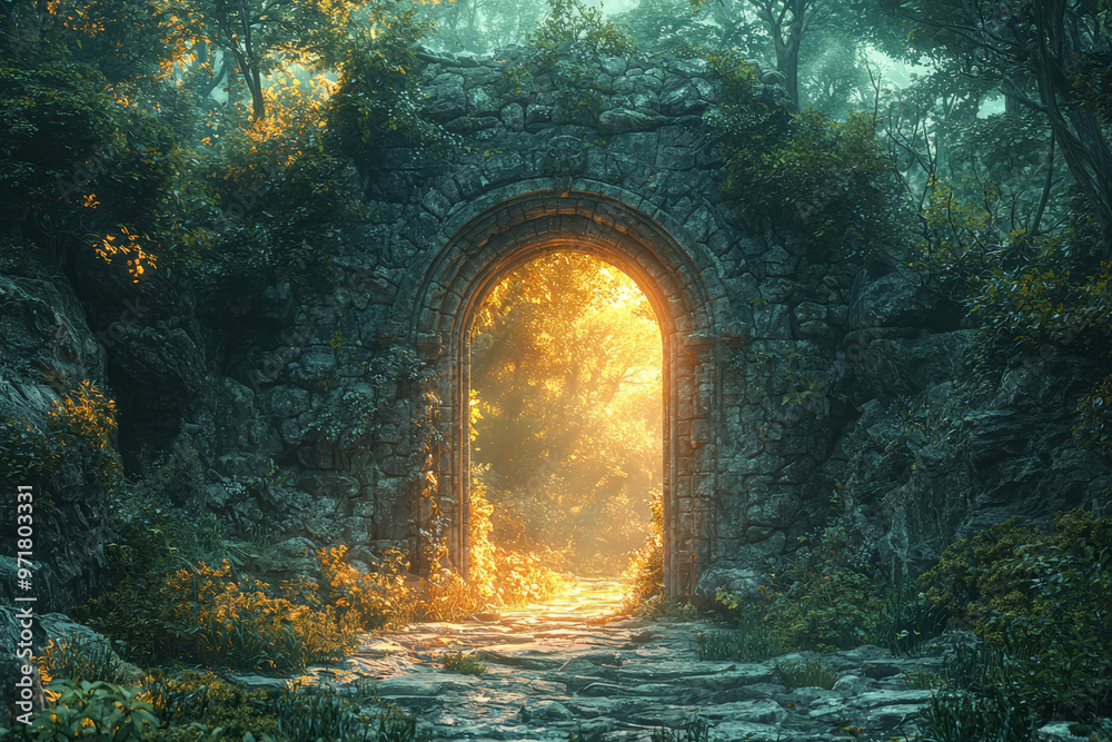 Fototapeta premium A mystical portal opening in the middle of a forest, revealing another world beyond. Concept of alternate realities and magical journeys.