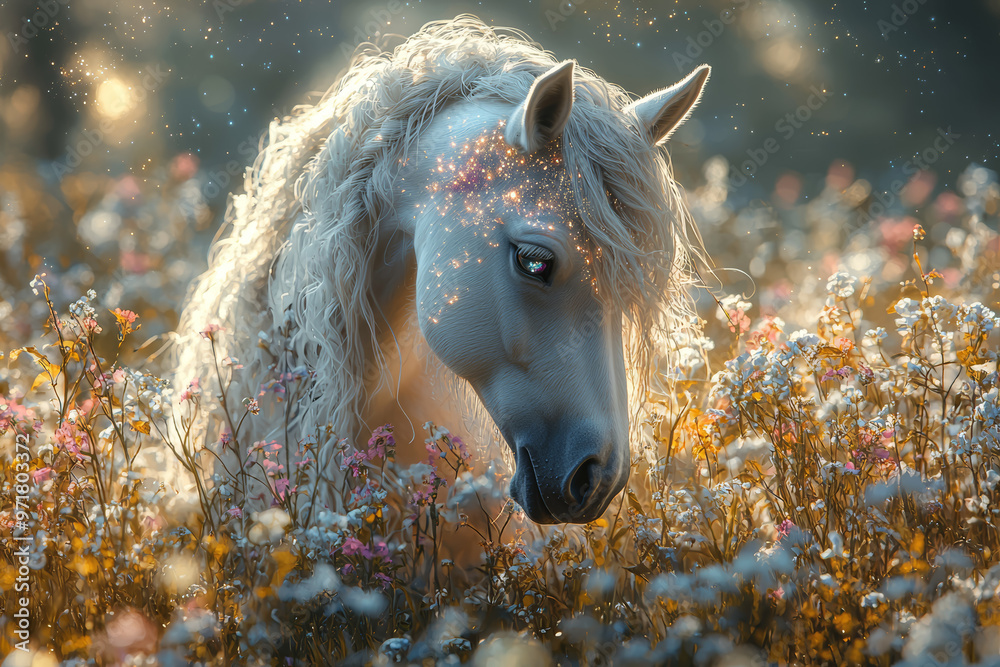Fototapeta premium A mystical creature, a unicorn with a mane of stardust, grazing in an enchanted meadow. Concept of purity and magical creatures.