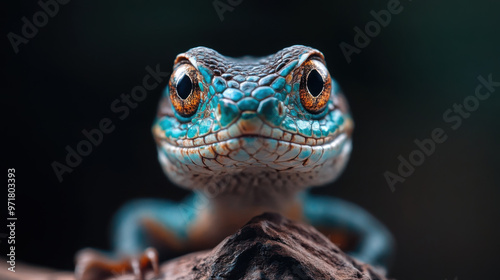 Detailed close-up of a blue and orange lizard staring directly at the camera with sharp eyes and intricate skin texture.