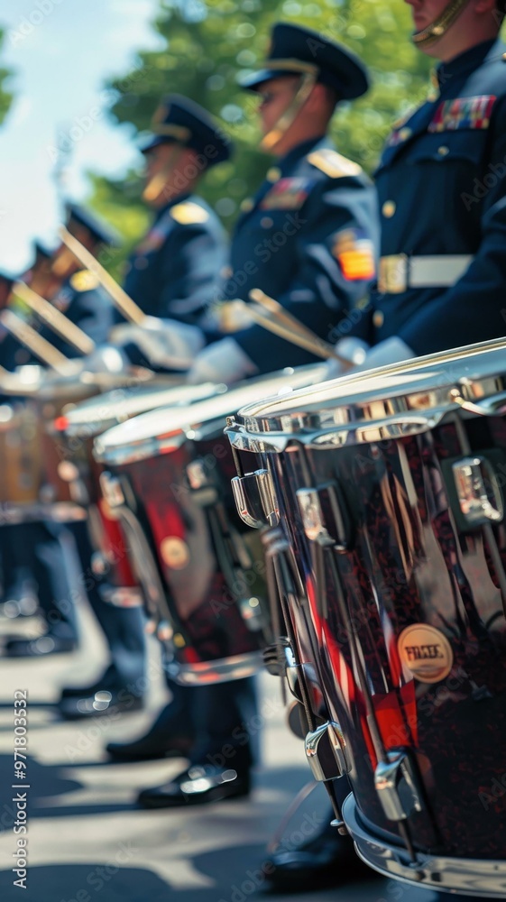 Obraz premium Military orchestra drummers in uniform performing at outdoor event on sunny day.