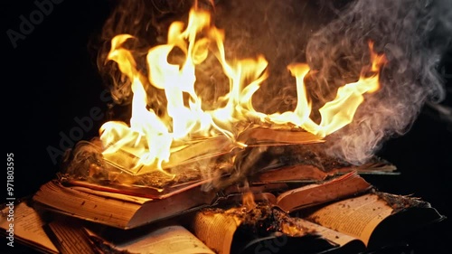 Old Open Books Burning. Big Bright Flame On Papers. Destruction Of Diary. Concept of censorship, prohibition of freedom information, 451 fahrenheit, old literature paper format is no longer in demand photo