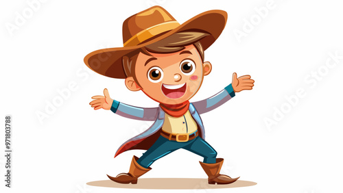cartoon character boy in a cowboy costume, joyful and satisfied