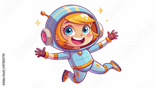 cartoon character girl in a cosmonaut costume, joyful and satisfied