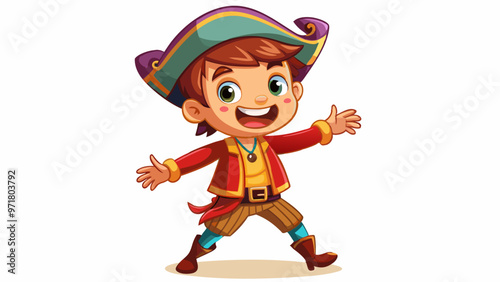cartoon character boy in a pirate costume, joyful and satisfied