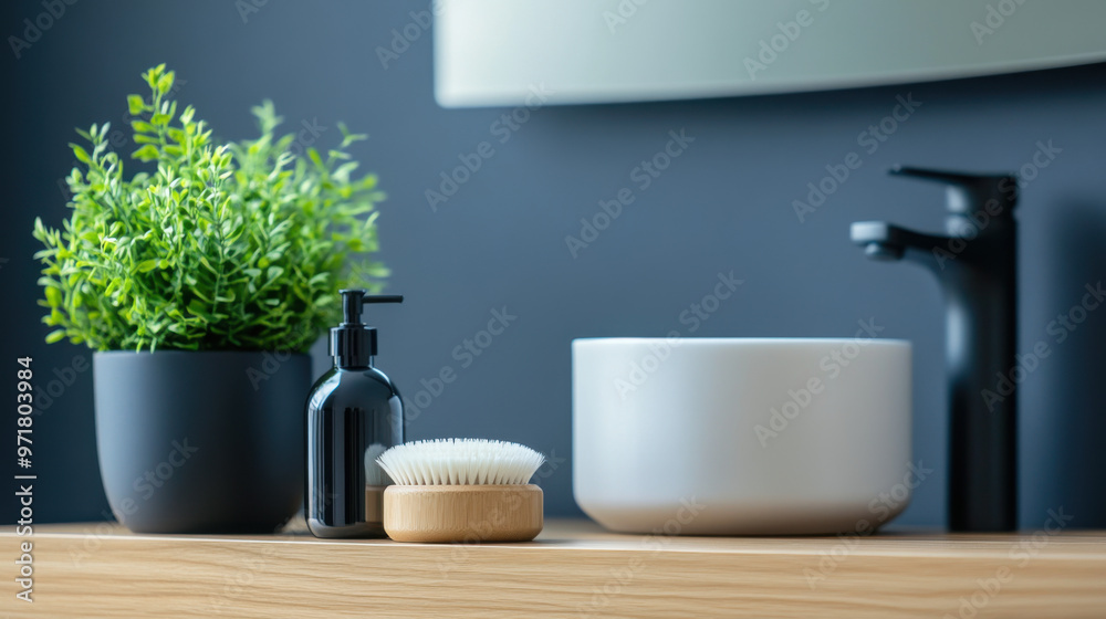 A clean and modern bathroom setup featuring a green plant, soap dispenser, brush, and bowl sink on a wooden countertop for a minimalist look.