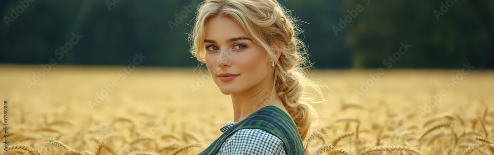 Naklejka premium Young Woman in Bavarian Costume in Wheat Field