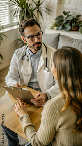 doctor explaining diagnosis to his female patient photo