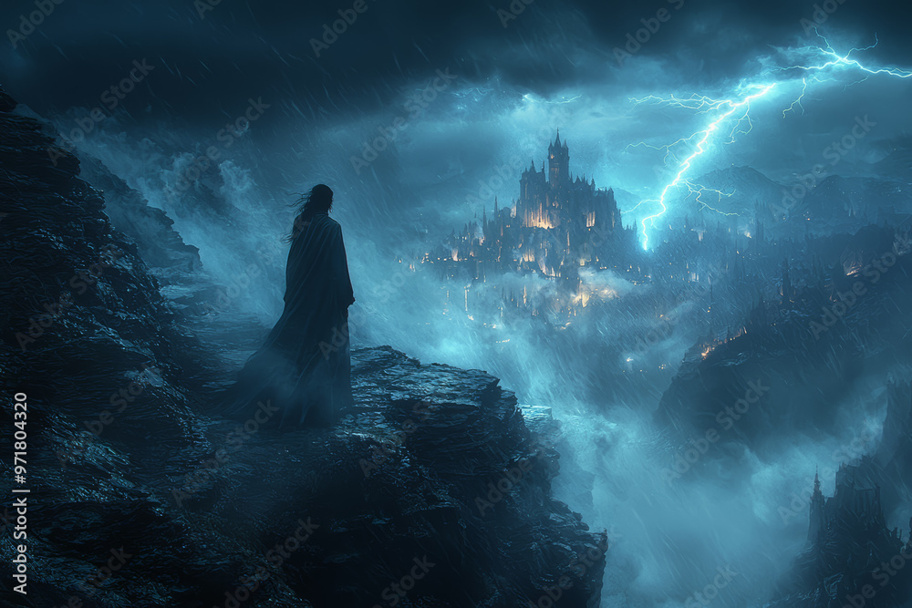 A dark, foreboding castle on a cliff, lightning striking in the distance. Concept of ominous places and dark fantasy. A dark, foreboding castle on a cliff, lightning striking in the distance. Concept of ominous places and dark fantasy.