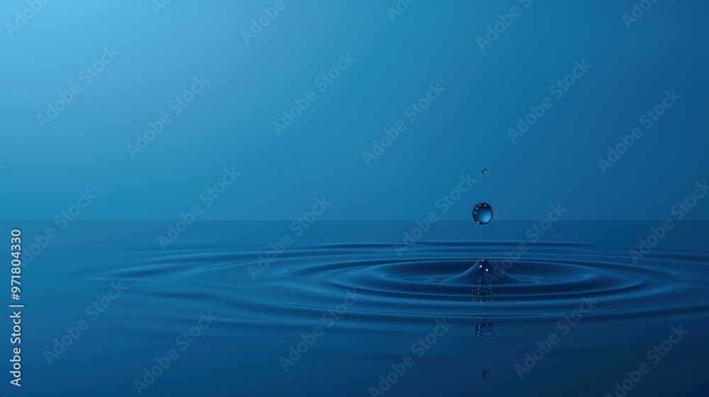 Water drop creates ripple in calm blue background, perfect for website headers, environmental themes, or meditation apps. Water drop creates ripple in calm blue background, perfect for website headers, environmental themes, or meditation apps.
