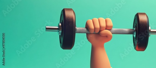 3D rendered cartoon hand gripping a barbell with a single finger set against a green background Concept of unique strength and fitness motivation in a whimsical style