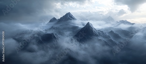 3D illustration of a landscape featuring towering peaks shrouded in a dense cloudy atmosphere