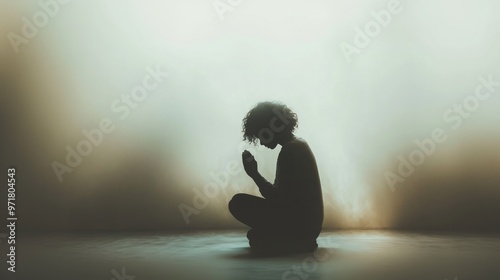 Silhouette of a woman sitting on the floor in the light, praying.