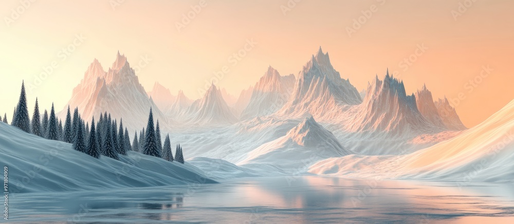 Obraz premium 3D illustration depicting a fantastical landscape featuring mountains and pine trees