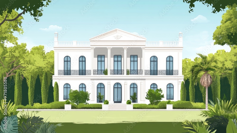 Elegant White Facade Of A Luxury Home In Villa Style Surrounded By Manicured Lawn And Lush Vegetation Elegant White Facade Of A Luxury Home In Villa Style Surrounded By Manicured Lawn And Lush Vegetation