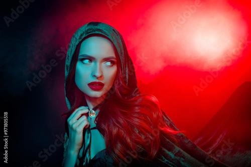 Photography Photo of lady wear hood cape touch diamond jewel look mysterious profile side on
