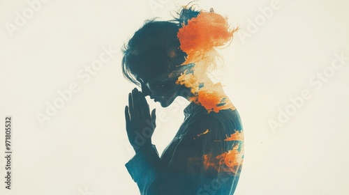 Beautiful young woman holding her hand to her face and praying. Digital drawing.