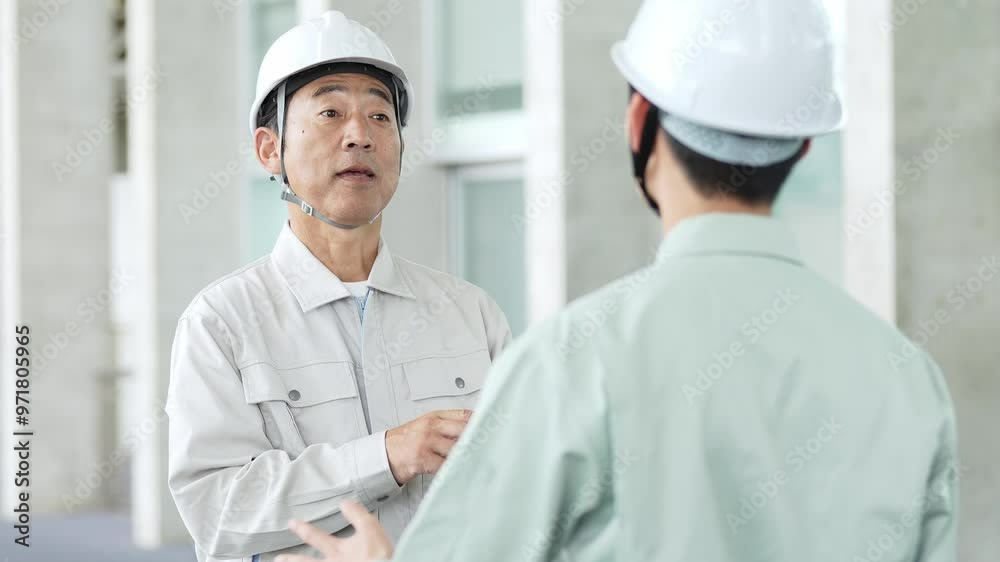 現場で打ち合わせをするヘルメットを着用した作業員 現場で打ち合わせをするヘルメットを着用した作業員